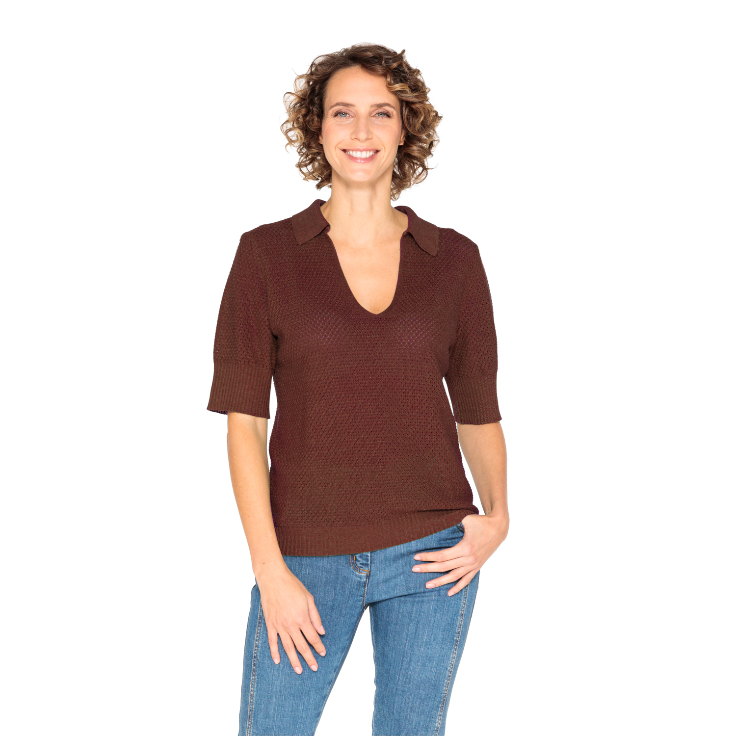 Ajour-Poloshirt aus Leinen und TENCEL™ Lyocell